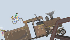 Rozgrywka w grze „Happy Wheels”, przedstawiająca ojca i dziecko jadących na rowerze w kierunku dużej lokomotywy na torze przeszkód stworzonym przez użytkownika.