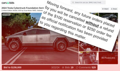 Ten Tesla Cybertruck na Cars & Bids jest zwolniony z polityki antysprzedażowej Tesli, ale inni otrzymali zakazy za próbę podobnej sprzedaży. (Źródło zdjęcia: Cars & Bids / Cybertruck Owners Club - edytowane)