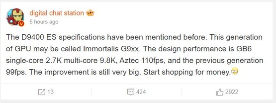Digital Chat Station na Weibo rzuciło światło na wydajność CPU i GPU nadchodzącego Dimesnity 9400. (Źródło: DCS via Weibo)