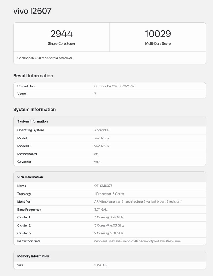 Wpis w Geekbench dotyczący iQOO 16 z globalnym oprogramowaniem układowym