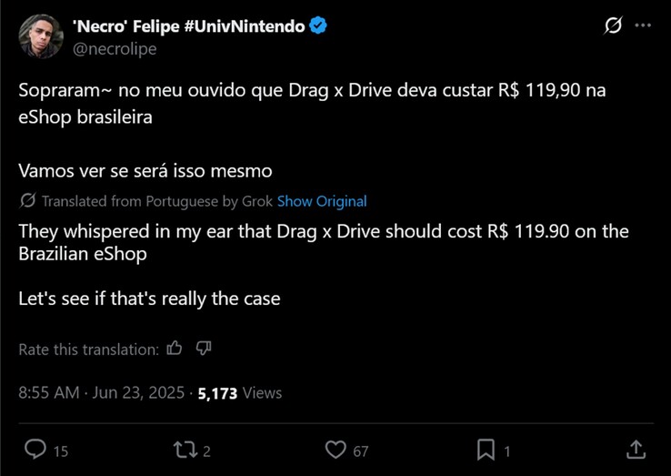 post "Necro Felipe" X na temat ceny Drag x Drive (źródło obrazu: konto "Necro" Felipe X)