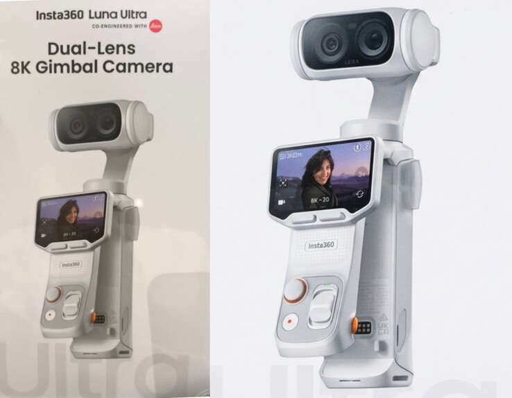 Oryginalne pudełko Insta360 Luna Ultra (po lewej) vs zbliżenie z ulepszoną sztuczną inteligencją (po prawej).