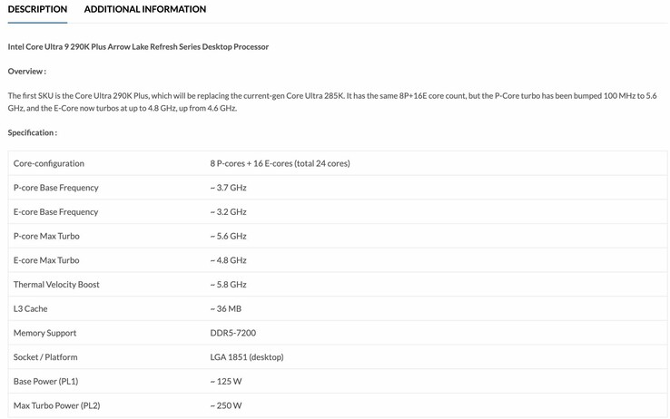 Wcześniejsze przecieki dotyczące procesora Core Ultra 9 290K Plus wskazywały na wyższe zegary boost.