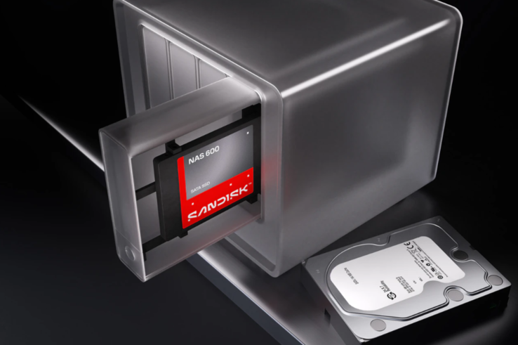 Dysk SSD Sandisk NAS 600 SATA pokazany w zatoce dyskowej serwera NAS obok dysku twardego4
