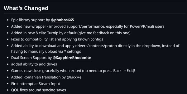 Zrzut ekranu przedstawiający dziennik zmian GameNative w wersji 0.7.1.