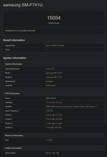 Galaxy Wyniki Z Flip6 Vulkan (zdjęcie za pośrednictwem Geekbench)