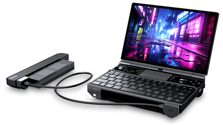 Urządzenie GPD Win Max 3 z wyjmowaną baterią podłączoną za pomocą przedłużacza.