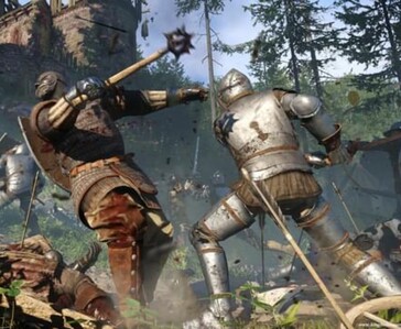 Walka wręcz w Kingdom Come: Deliverance z dwoma opancerzonymi rycerzami walczącymi przy użyciu średniowiecznej broni.