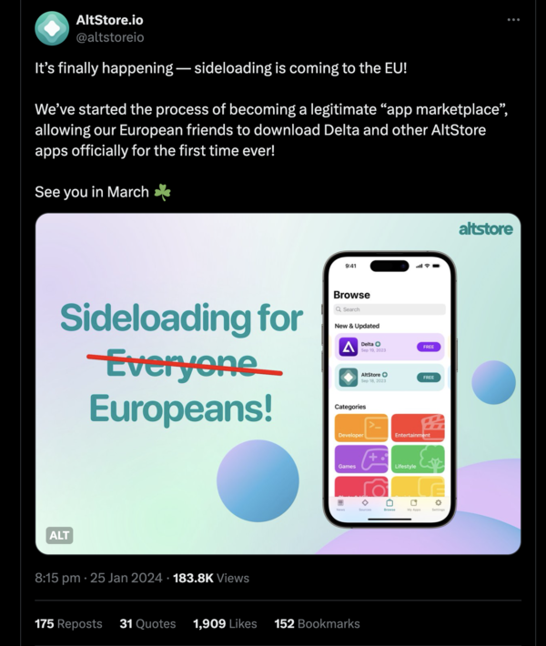 AltStore informuje, że staje się "legalnym rynkiem aplikacji" (Źródło: AltStore via X)