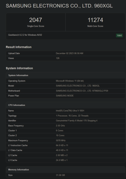 Wynik Intel Core Ultra 9 185H w Geekbench (zdjęcie za pośrednictwem Geekbench)