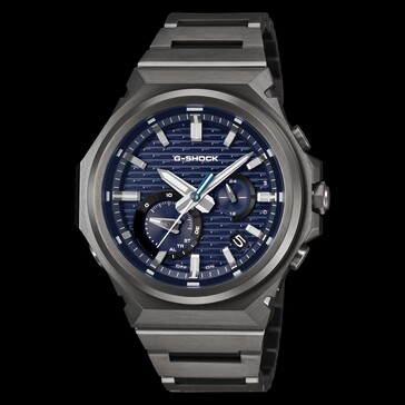 Widok z przodu zegarka G-Shock GST-B1000BD-2A z niebieską wzorzystą tarczą, ciemną kopertą ze stali nierdzewnej i zintegrowaną bransoletą.