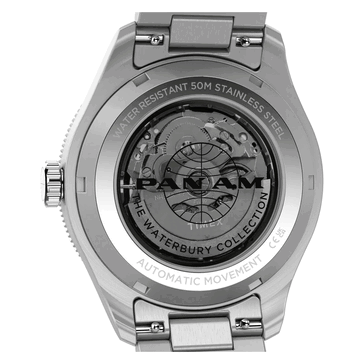 Widok z tyłu zegarka Timex Pan Am Waterbury Automatic GMT, ukazujący przezroczysty dekiel oraz mechanizm automatyczny.