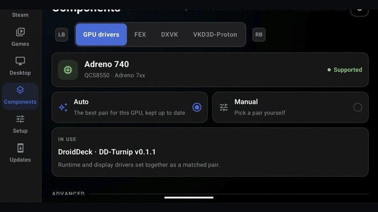Ustawienia sterownika GPU w DroidDeck na urządzeniu z Adreno 740. Niezależne eksperymentalne forki badają możliwości obsługi układów graficznych PowerVR i Mali.