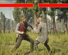 Główny bohater Red Dead Redemption 2, Arthur Morgan, walczy z postacią niezależną w stylu Mortal Kombat. (Źródło obrazu: Blurbs na YouTube, zrzut ekranu)