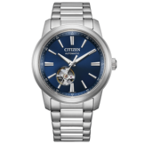 Zegarek automatyczny Citizen NH9150-52L z niebieską tarczą o wykończeniu typu „sunburst”, okienkiem odsłaniającym mechanizm, bransoletą ze stali nierdzewnej oraz polerowaną ramką.