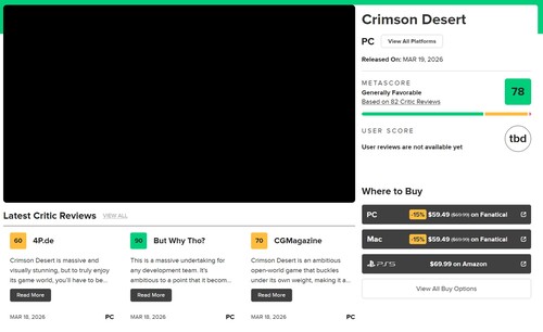Crimson Desert Metascore na Metacritic