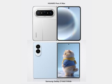 Samsung Galaxy Z Fold 8 Wide renderuje obok Huawei Pura X Max.