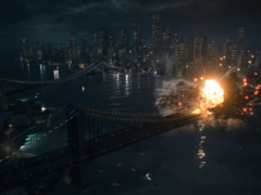 Zrzut ekranu z oficjalnego zwiastuna Battlefield 6 przedstawiający eksplozję na moście Manhattan (źródło obrazu: Battlefield YT)
