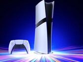Konsola Sony PlayStation 5 Pro na pionowej podstawce wraz z kontrolerem DualSense