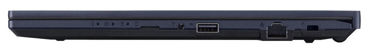Prawa strona: czytnik kart pamięci (MicroSD, opcjonalnie), combo audio, USB 2.0 (USB-A), Gigabit Ethernet, gniazdo na blokadę kabli