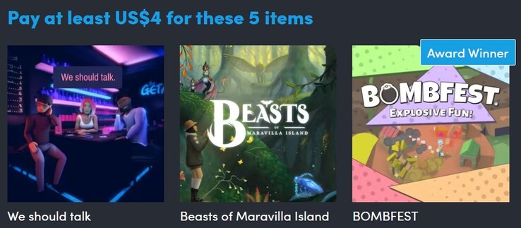 Obrazek dekoracyjny. Pierwszy poziom zawiera 5 gier i kosztuje 4 dolary (źródło obrazu: Humble Bundle)
