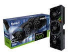 Obraz promocyjny na białym tle przedstawiający pudełko Palit RTX 5080 OC Gaming Pro z kartą trzymaną pionowo obok niego. (Źródło obrazu: Palit)