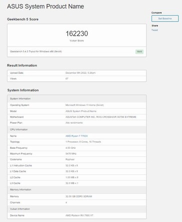 RX 7900 XT Vulkan benchmark. (Źródło: Geekbench via BenchLeaks)