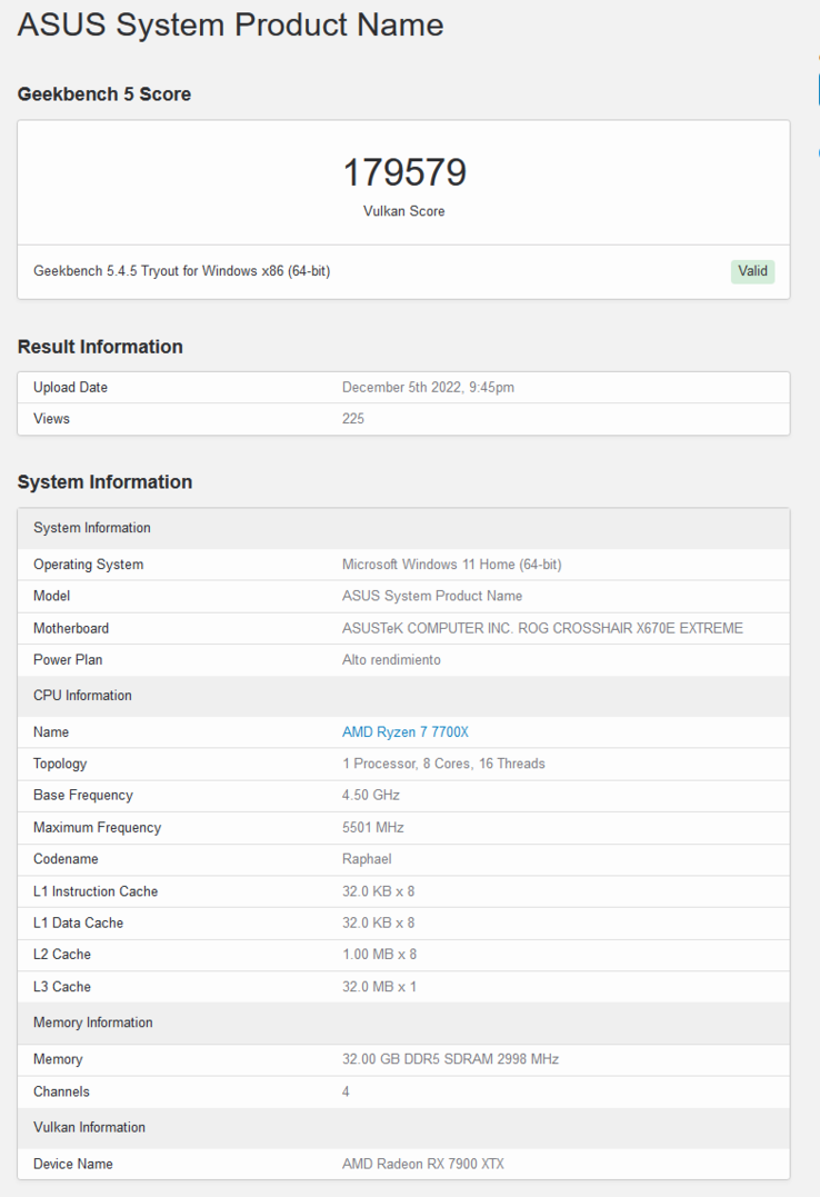 Zaktualizowany wynik AMD Radeon RX 7900 XTX Vulkan (image via Geekbench)