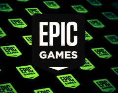 Epic Games wcześniej rozdawało Dark i Darker za darmo w grudniu 2024 roku. Na zdjęciu - logo Epic Games Store nałożone na stylizowane tło z większą liczbą logo. (Źródło zdjęcia: Epic Games Store)