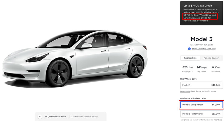 Strona konfiguracyjna Tesli Model 3 pokazuje, jak wiele ulg podatkowych kwalifikuje się do każdego z poziomów wykończenia. (Źródło obrazu: Tesla)