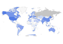 Kraje G7, Ukraina i Chiny mają kolor ciemnoniebieski. Niestety nie ma danych dotyczących Rosji. (Zdjęcie: imperva)