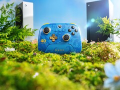 kontroler 8BitDo Rare 40th Anniversary z konsolami Xbox Series X i Series S w tle. (Źródło obrazu: Oficjalny plakat promocyjny 8BitDo)