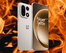 OnePlus 15 w kolorze Sand Storm z ognistym tłem. (Źródło zdjęcia: OnePlus, Unsplash - edytowane)