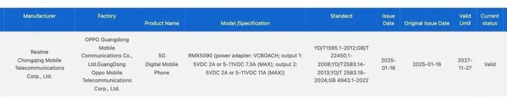 "GT 7" to najnowszy smartfon Realme o mocy 120W. (Źródło: 3C via MySmartPrice)