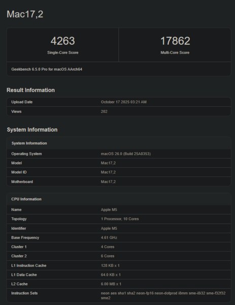Apple Wynik M5 w Geekbench (źródło obrazu: Geekbench)
