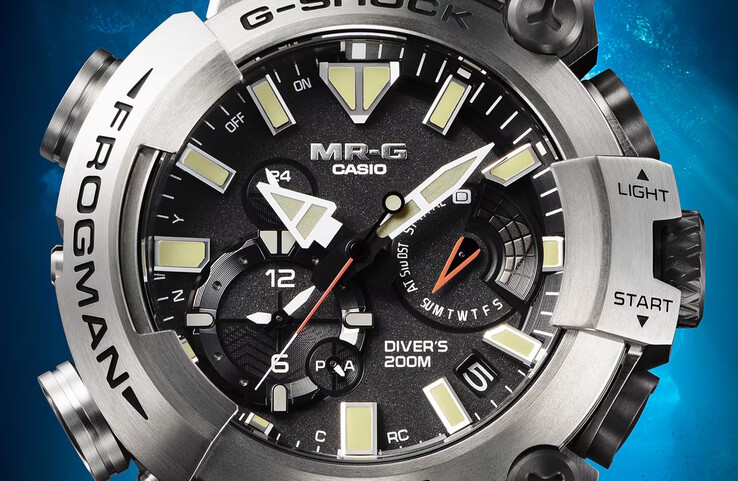 Frogman MRG-BF1000RG wyświetla czas nurkowania i czas odpoczynku na powierzchni pod antyrefleksyjną szafirową tarczą. (Źródło zdjęcia: Casio)