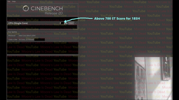 Wynik Core Ultra 9 185H Cinebench R20 dla pojedynczego rdzenia. (Źródło: Moore's Law Is Dead)