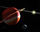 Ilustracja przedstawiająca planetę, księżyc i gwiazdę.