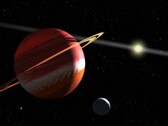 Ilustracja przedstawiająca planetę, księżyc i gwiazdę.