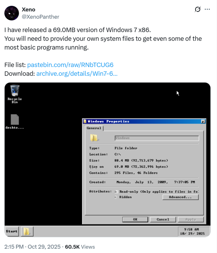 Windows 7 (na zdjęciu) uruchamia się na pulpicie w lekkiej kompilacji @XenoPanther (źródło obrazu: @XenoPanther)