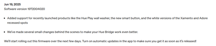 Informacje o wydaniu oprogramowania Philips Hue Bridge w wersji 1972004020. (Źródło obrazu: Philips Hue)