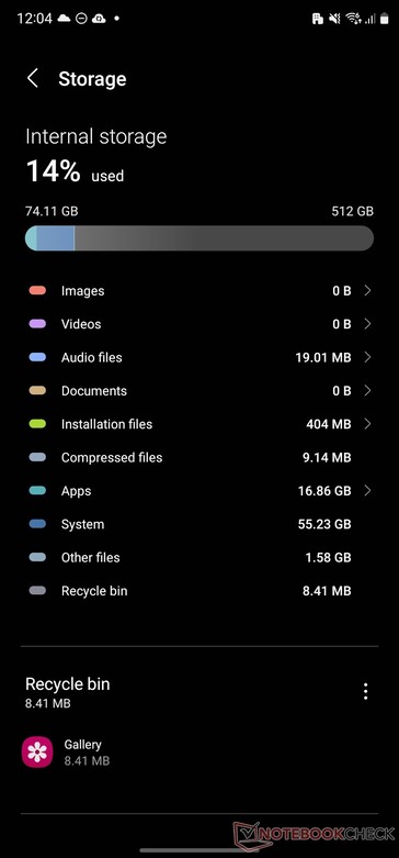 Wykorzystanie systemu w modelu Galaxy S23 Ultra z 512 GB pamięci masowej. (Źródło obrazu: NotebookCheck)