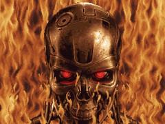 Na zdjęciu zrzut ekranu przedstawiający T-1000 na tle płomieni, ze zwiastuna Terminator 2D: No Fate. (Źródło obrazu: IGN YouTube)