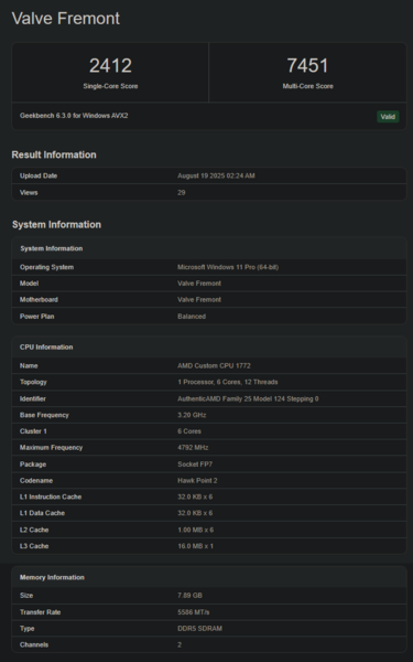 Lista Geekbench Valve Fremont (źródło obrazu: Geekbench)