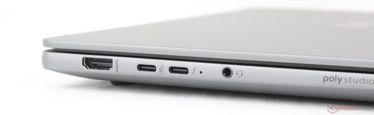 Po lewej: HDMI 2.1, USB-C (10 Gb/s) z DisplayPort 2.1 + Power Delivery, USB-C (40 Gb/s) Thunderbolt 4 z DisplayPort 2.1 + Power Delivery, zestaw słuchawkowy 3,5 mm