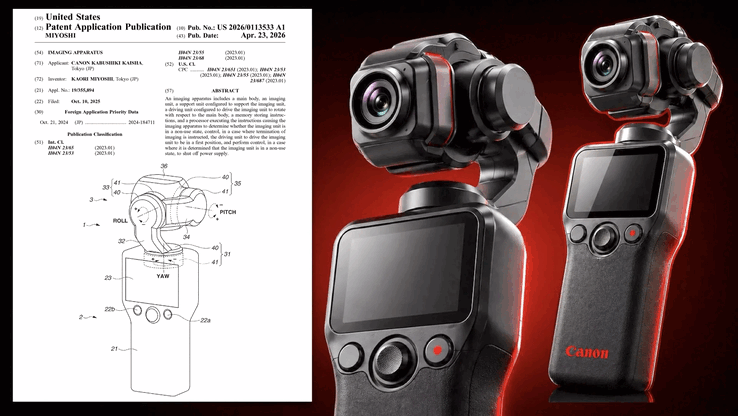Patent firmy Canon z kwietnia 2026 roku (po lewej) i rendery 3-osiowego gimbala (po prawej). Nowe plany kładą nacisk na przenośność obiektywów i inteligentne zarządzanie energią.