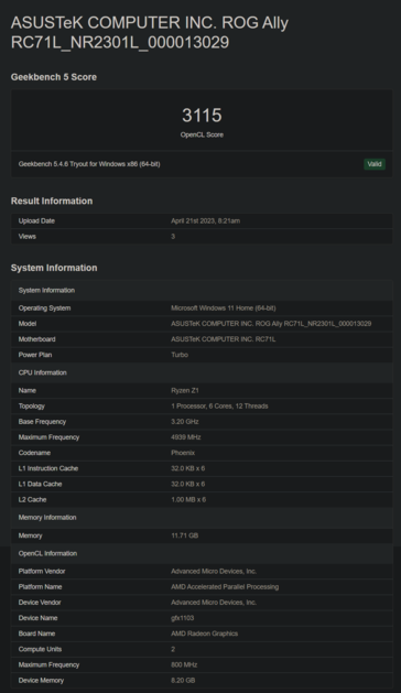 Asus ROG Ally w Geekbench (image via Geekbench)