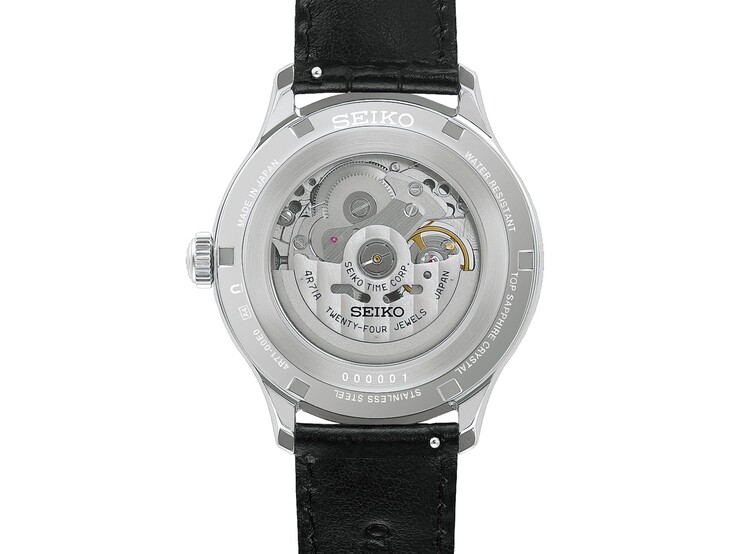 Widok z tyłu zegarka Seiko Presage Japanese Garden (nr ref. HCB007) ukazujący jego automatyczny mechanizm poprzez przezroczysty dekiel.