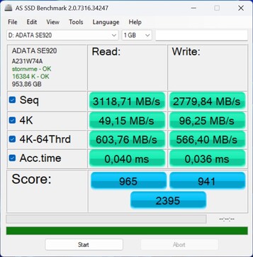 Test wydajności dysku ADATA SE920 podłączonego przez USB4
