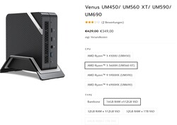 Konfiguracje Minisforum Venus Series UM560 XT (źródło: Minisforum)